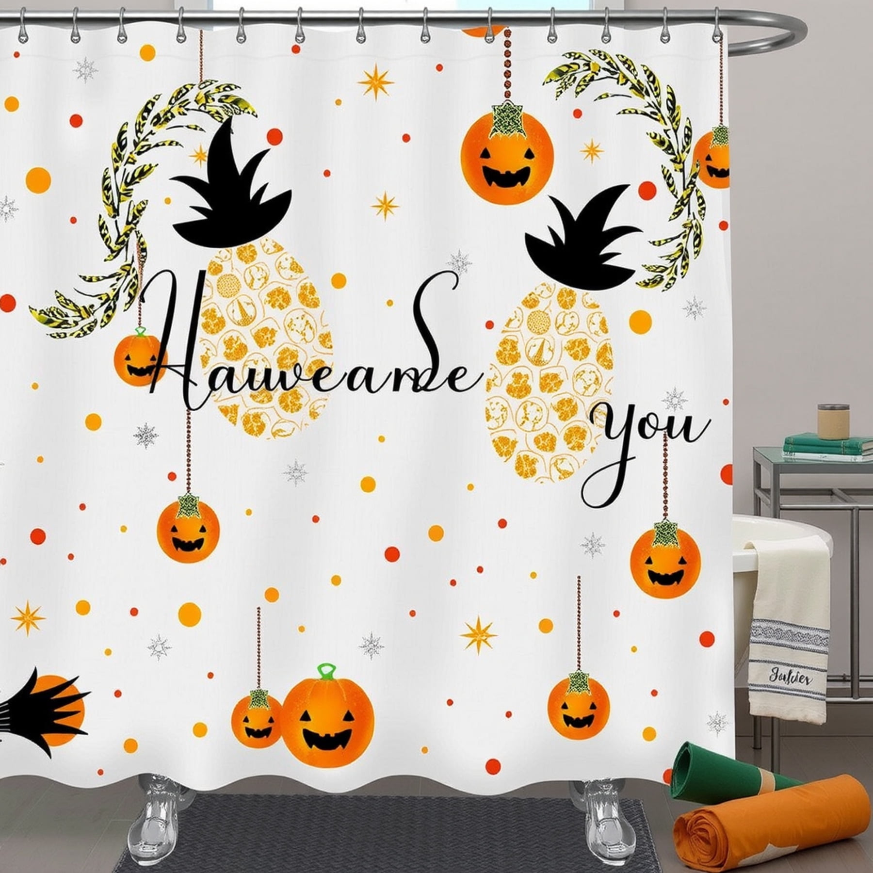 Whimsical Halloween Shower Curtain with Pineapples -Lanterns