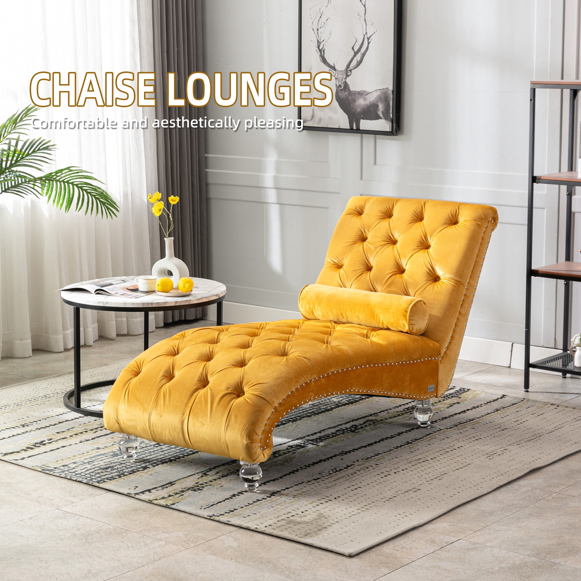 MOONMISS Velvet Chaise Lounge Chair Button Tufted Upholstered with Pillow Indoor