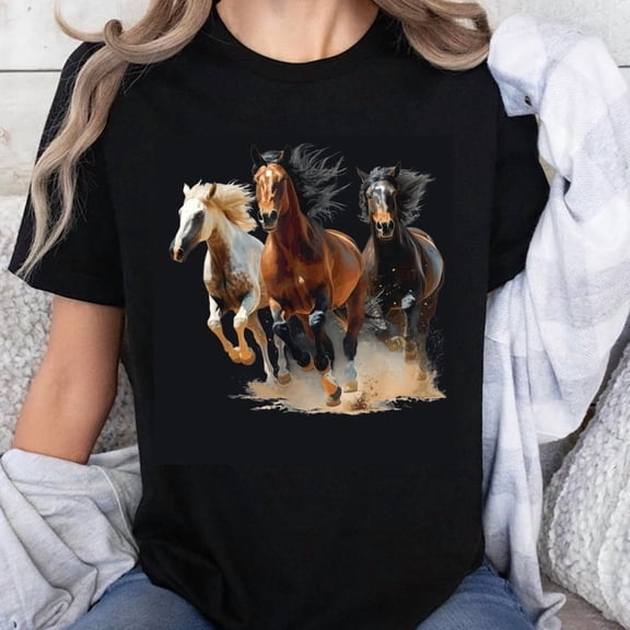 100% Cotton Running Horses Graphic Design Animal Print Unisex Casual Wear T-Shirt