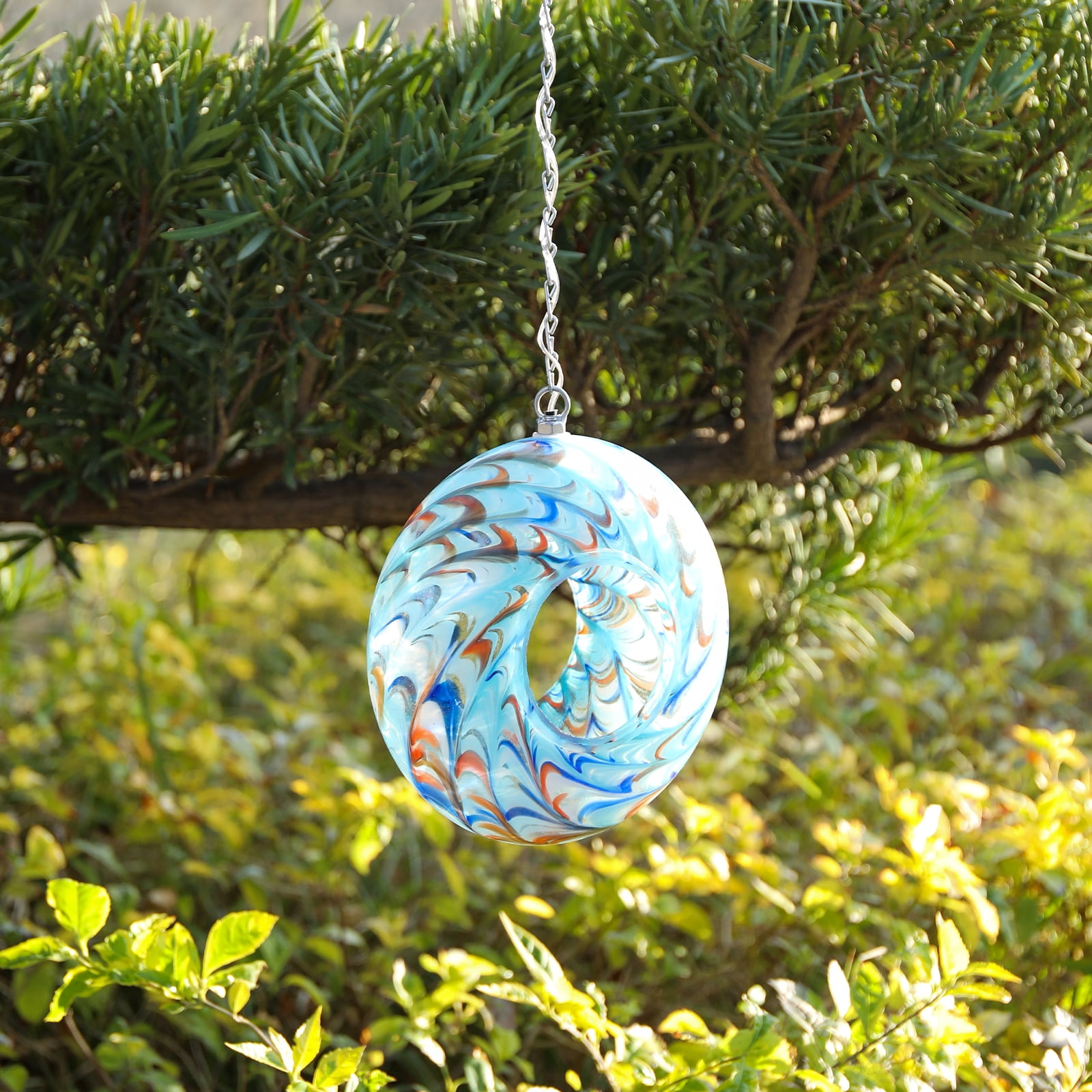 Outdoor Bird Feeder,Swirl Glass Solar Bird Feeder,Fly-Through Design with LED Lights, Decorative Outdoor Accent for Garden & Bird Watching Decor