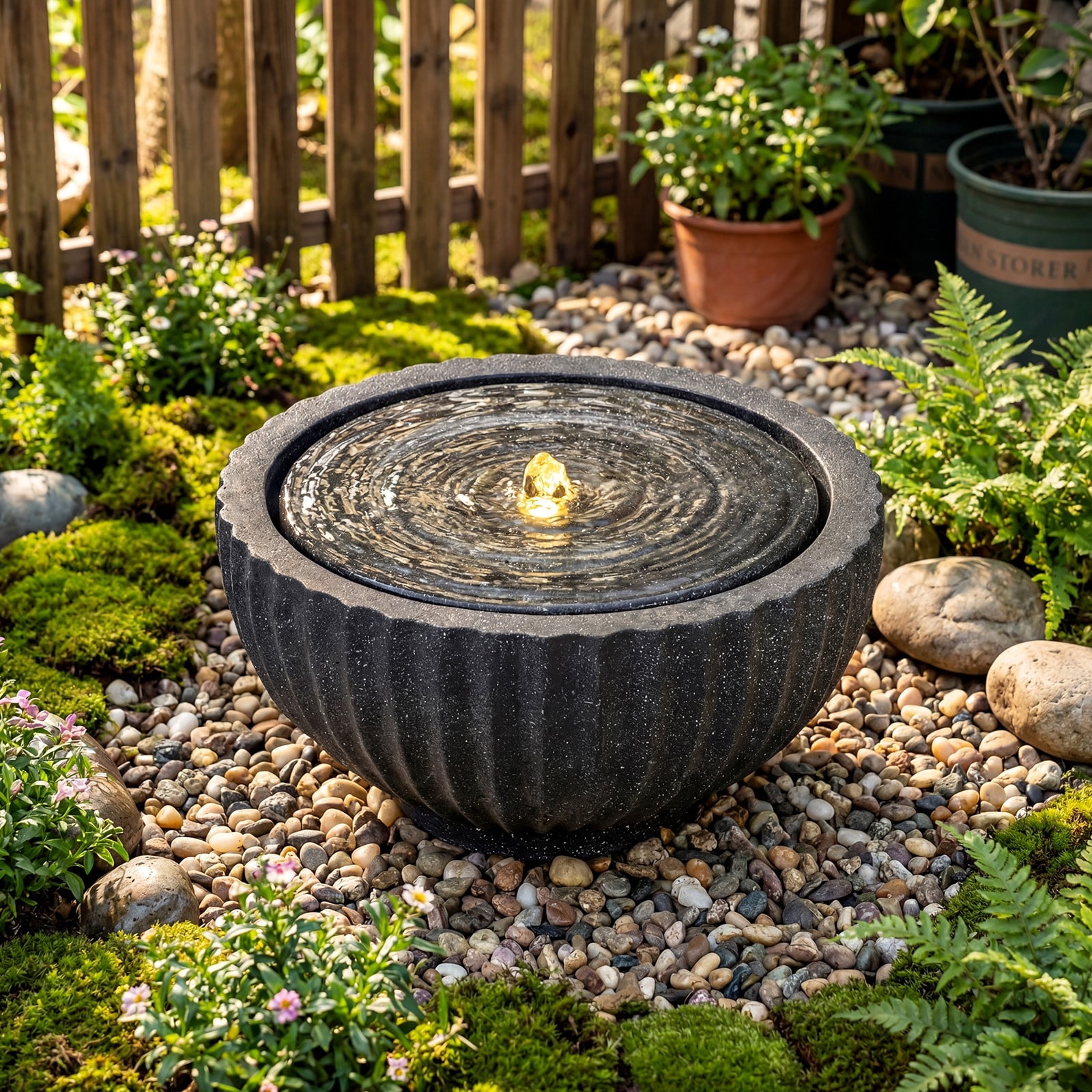 DRAZUNO 18” Outdoor Round Sphere Water Fountain w/LED Lights & Pump for Garden Patio