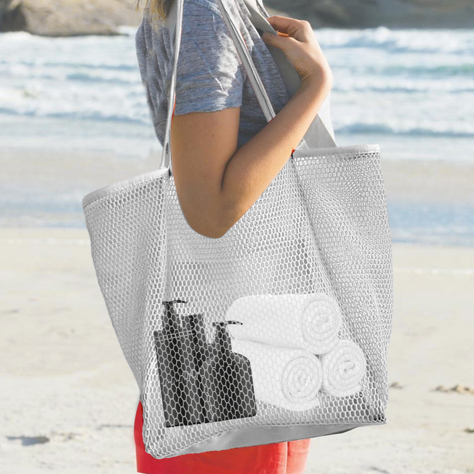 Red Suricata XL Mesh Beach Bag Tote - Celeste Blue & Grey