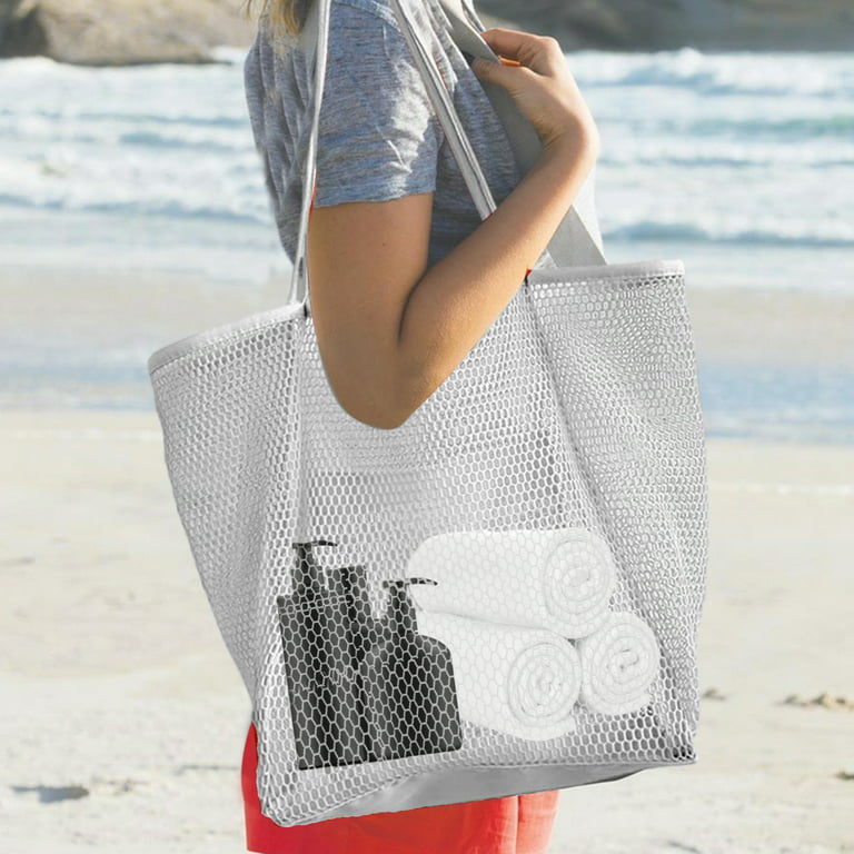 Mesh Beach Bag with Pocket Extra Large Beach Tote Bags Lightweight Foldable  Beach Shoulder Bag Reusable Mesh Carry Tote Tear Resistant Mesh Beach Tote