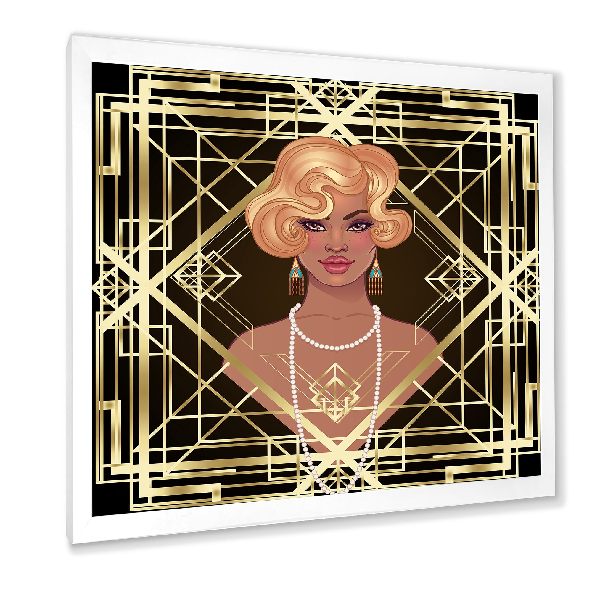 Designart 'Retro Girl In Golden Art Deco Geometrics III' Modern Framed Art Print