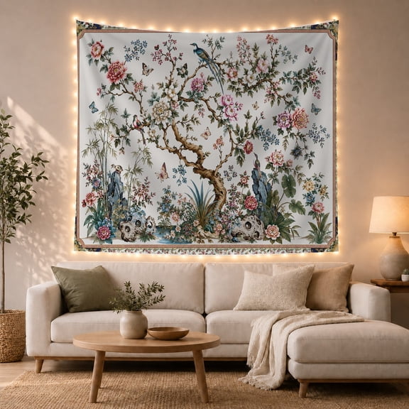 Flowering Tree in an Ornate Garden, Romantic Vintage for Nature Lovers, Botanical Home Decor, Housewarming Gift, Tapestry Wall Hanging for Bedroom and Living Room