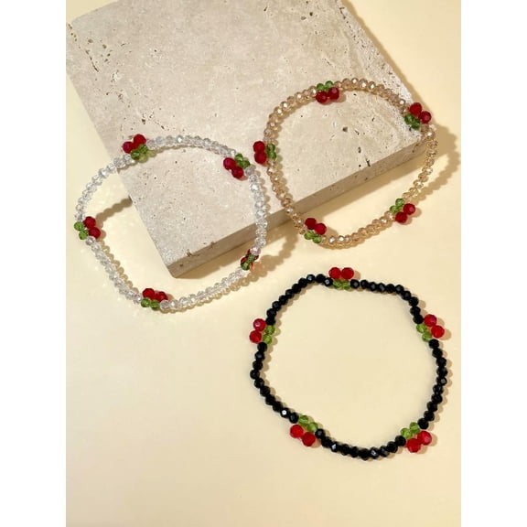 QQTDFG 3pcs/set Boho Cherry Decor Beaded Bracelet For Women For Vacation-default