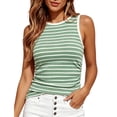 thumbnail image 3 of Striped Ribbed Tank Top for Women, Sleeveless Round Neck Fitted Camisole - Summer Stretchy Casual Tee for Beach & Daily Wear Green L, 3 of 5