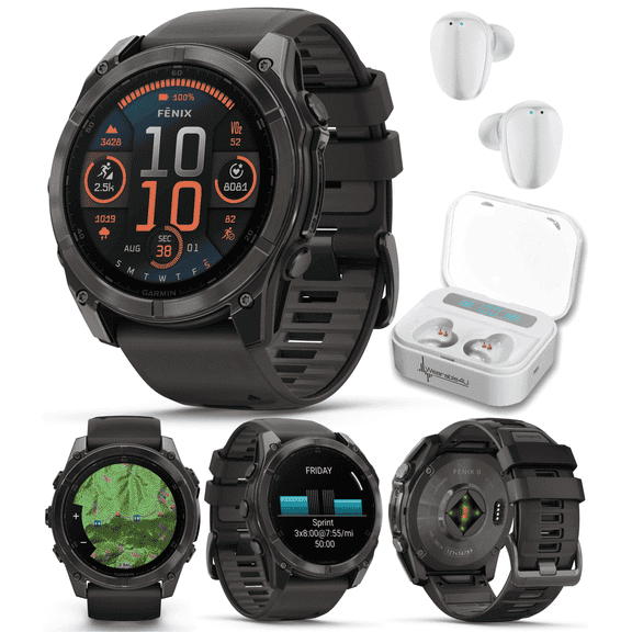 Garmin Fenix 8ÂÂ 51 mm, AMOLED Multisport GPS Smartwatch, Sapphire, Carbon Gray DLC Titanium with Black/Pebble Gray Silicone, Built-in LED Flashlight with Wearable4U White EarBuds Bundle