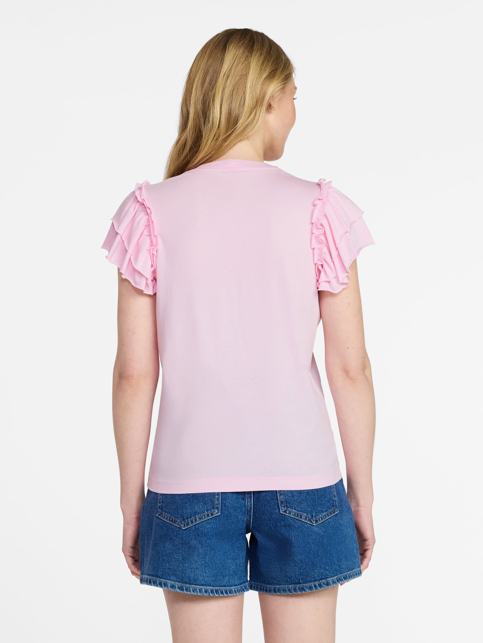 Time and Tru Women's Cotton Crewneck Tee with Ruffle Flutter Sleeves, Sizes XS-XXXL
