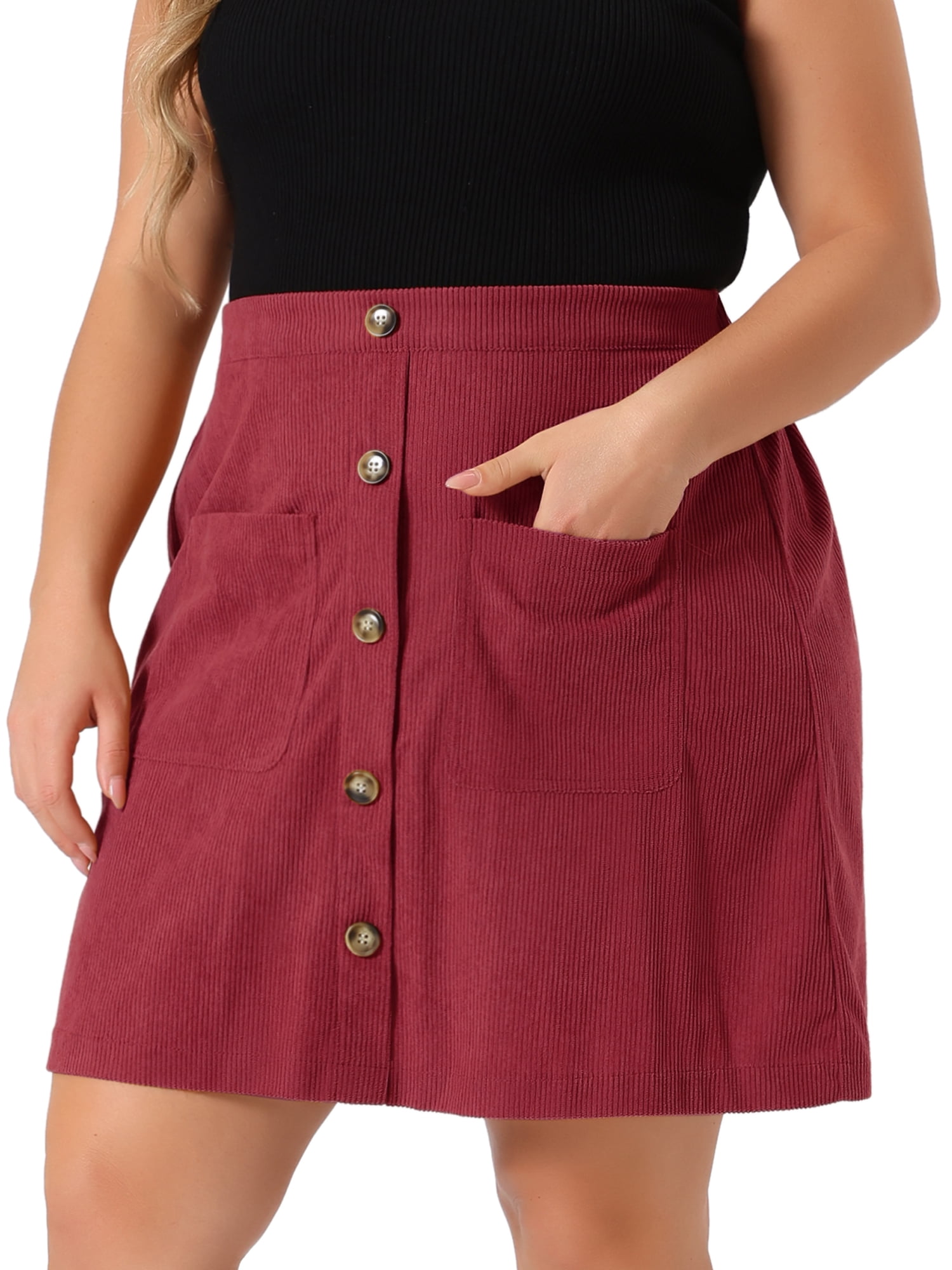 DARING DIVA Women's Plus Size with Pockets Mini Corduroy Skirt 2X Burgundy