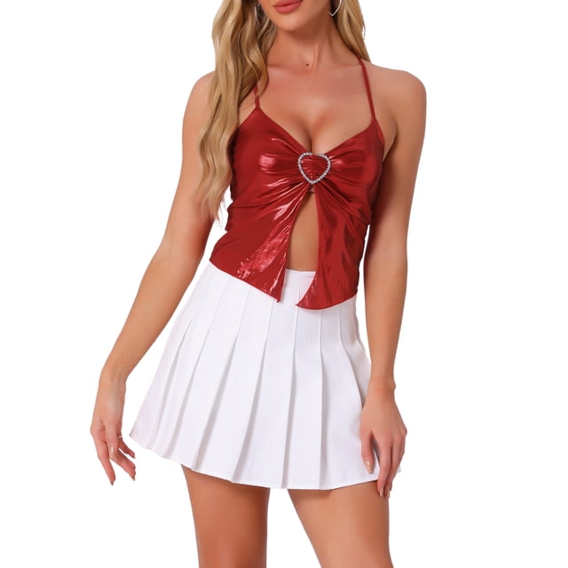 INSPIRE CHIC Débardeur Dos Nu Métallique à Bretelles Spaghetti Asymétriques pour Femmes TG Rouge