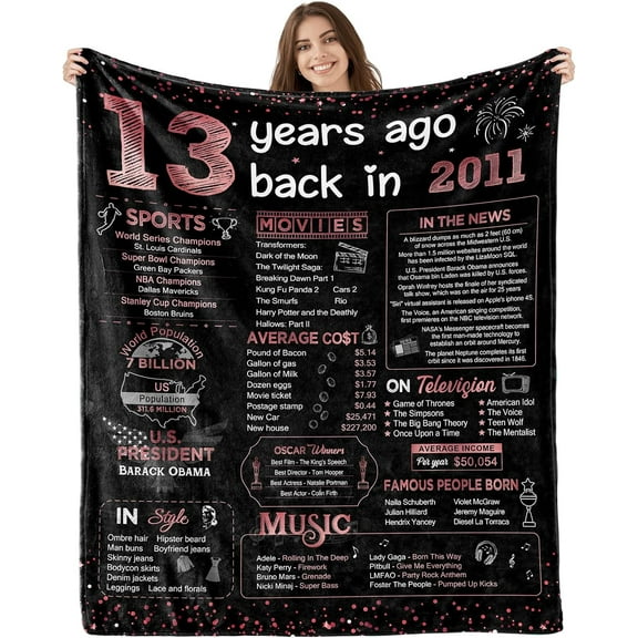13 Year Old Girl Gift Ideas 13th Birthday Decorations for Girls Happy Birthday Gifts for Teen Girls Daughter Sister Flannel Fleece Throw Blanket Back in 2011-60x50 Inch - Rose Gold