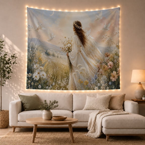 White Robed Figure Holding Flowers in a Meadow, Peaceful Vintage Style for Art Lovers, Inspirational Wall Decor, New Home Gift, Tapestry Wall Hanging for Bedroom and Dorm