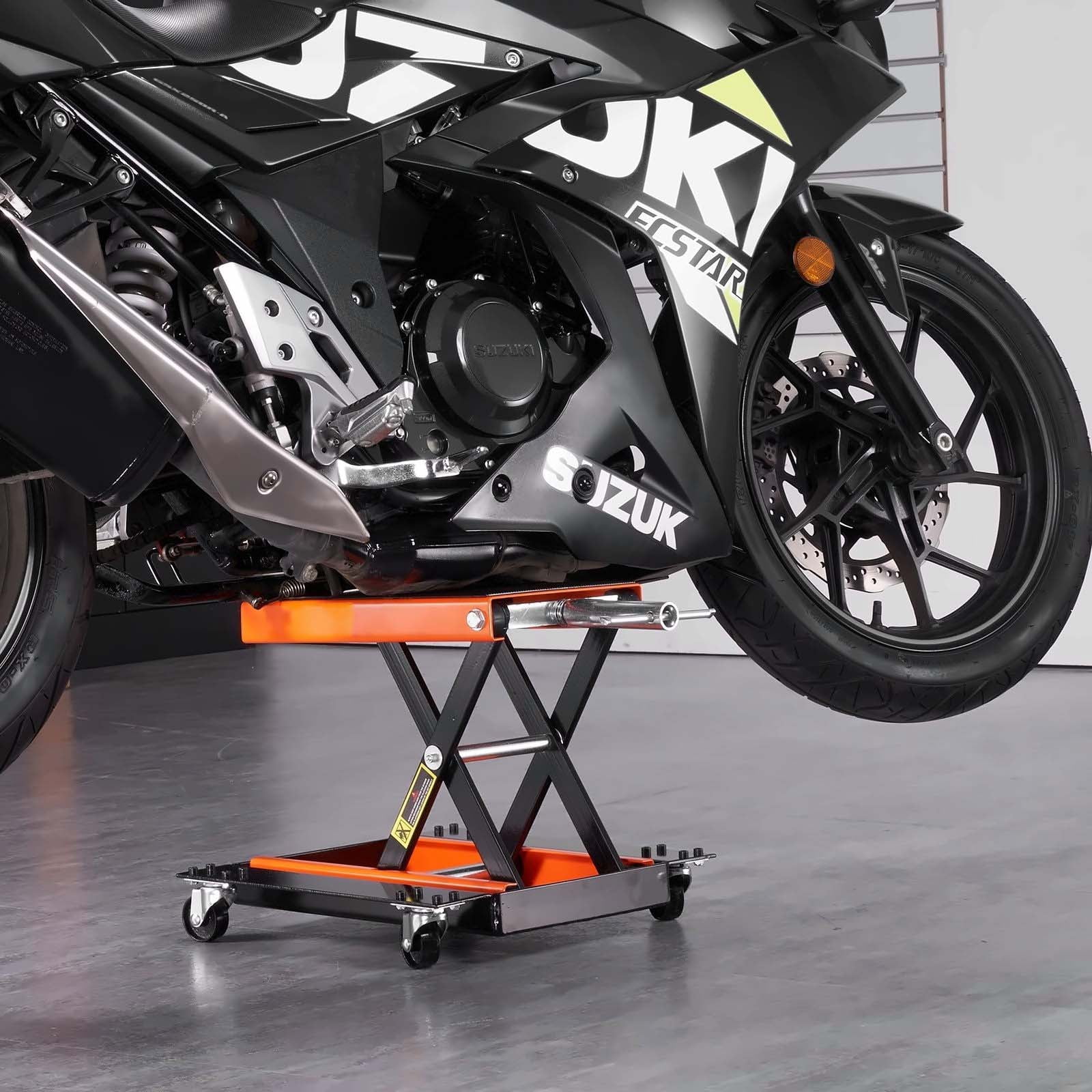 Motorcycle Lift 1100 LBS - ATV Scissor Jack with Dolly & Hand Crank - Center Stand for Street, Cruiser & Touring Bikes - Wide Deck & Tool Tray