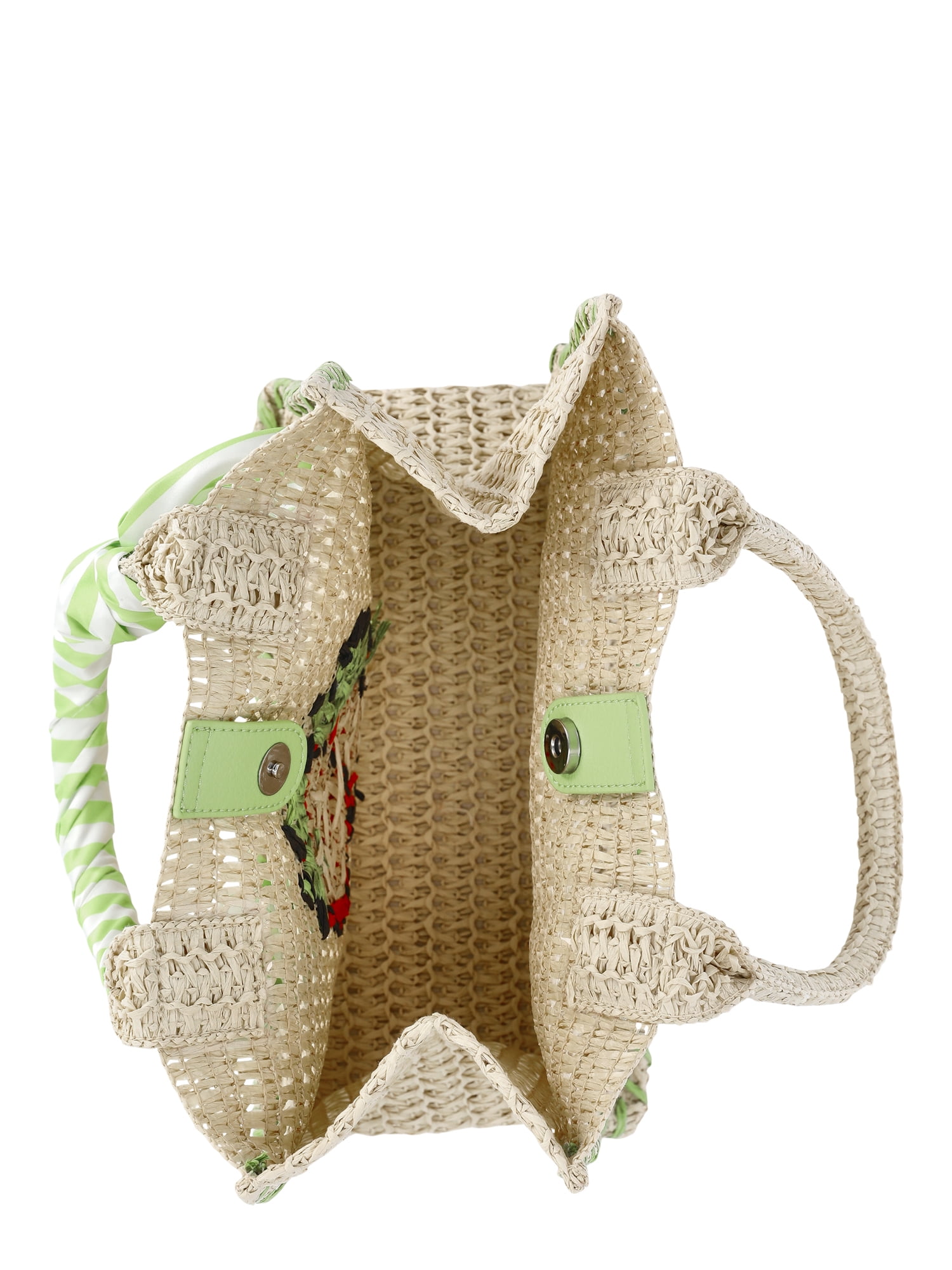 No Boundaries Women's Beach Icons Mini Straw Tote Bag, Natural with Strawberry Embroidery