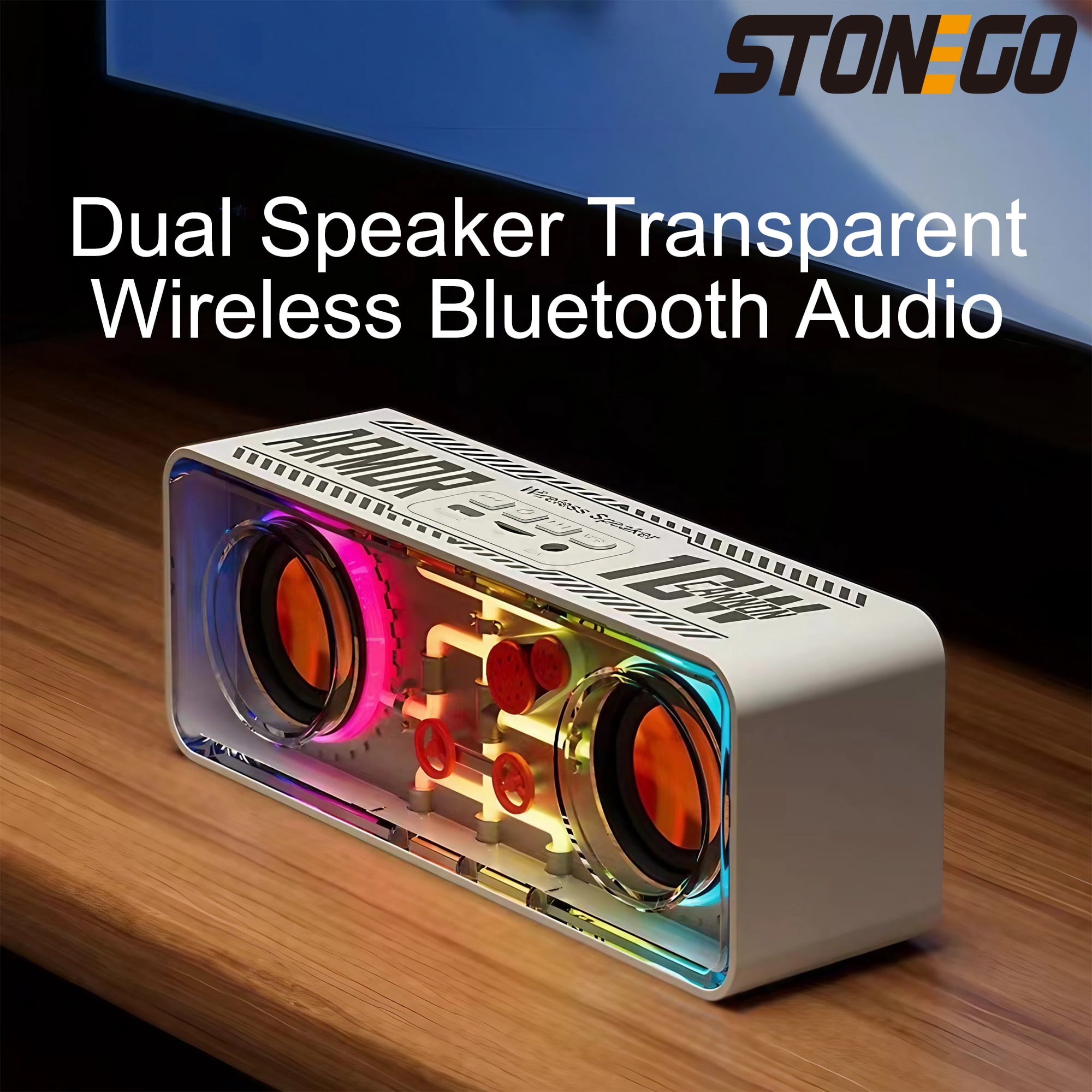 STONEGO Transparent Mech Wireless Bluetooth Speakers - Home, Computer and Gaming Speakers with Colorful Glow - High-Performance Bass Diaphragm Speakers - Enhanced Sound for Games, Music and Movies