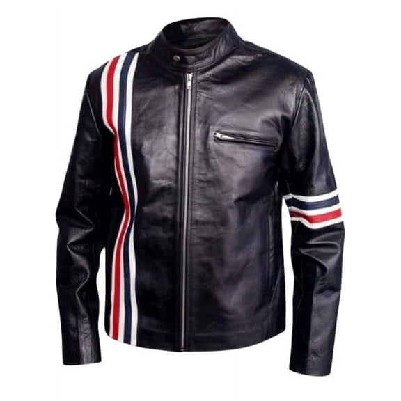 HIDE CRAFTS Mens Black Leather Biker Jacket, Fully Lined, USA Flag Back, Red White Blue Accents (US, Alpha, X-Large, Regular, Regular, Black)