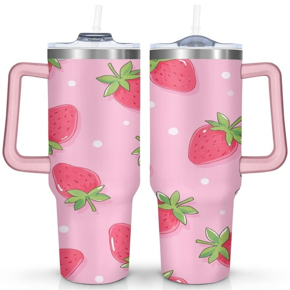 40oz Strawberry Tumbler - BPA-Free Double Wall Vacuum Insulated Cup with Leak-Proof Lid & Straw - Cute Kawaii Fruit Design for Summer