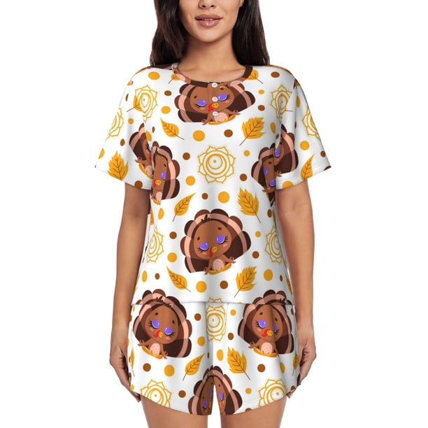 Fotbe Fall Turkey Conjunto de Pijama Estampado para Mujer, 2 Piezas, Ropa de Dormir con Camiseta de Manga Corta y Shorts Suaves-XX-Large