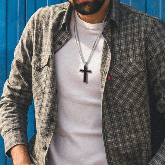 Mens Cross Necklaces,14K White Gold Carbon Fiber Pendant,Wood Cross Pendant,Religion Christ Faith Jewelry