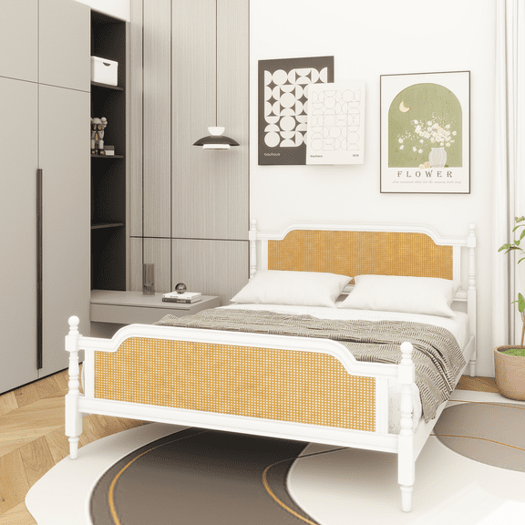Traditional Style Rattan Queen Size Bed Frame,No Box Spring Needed,Antique White