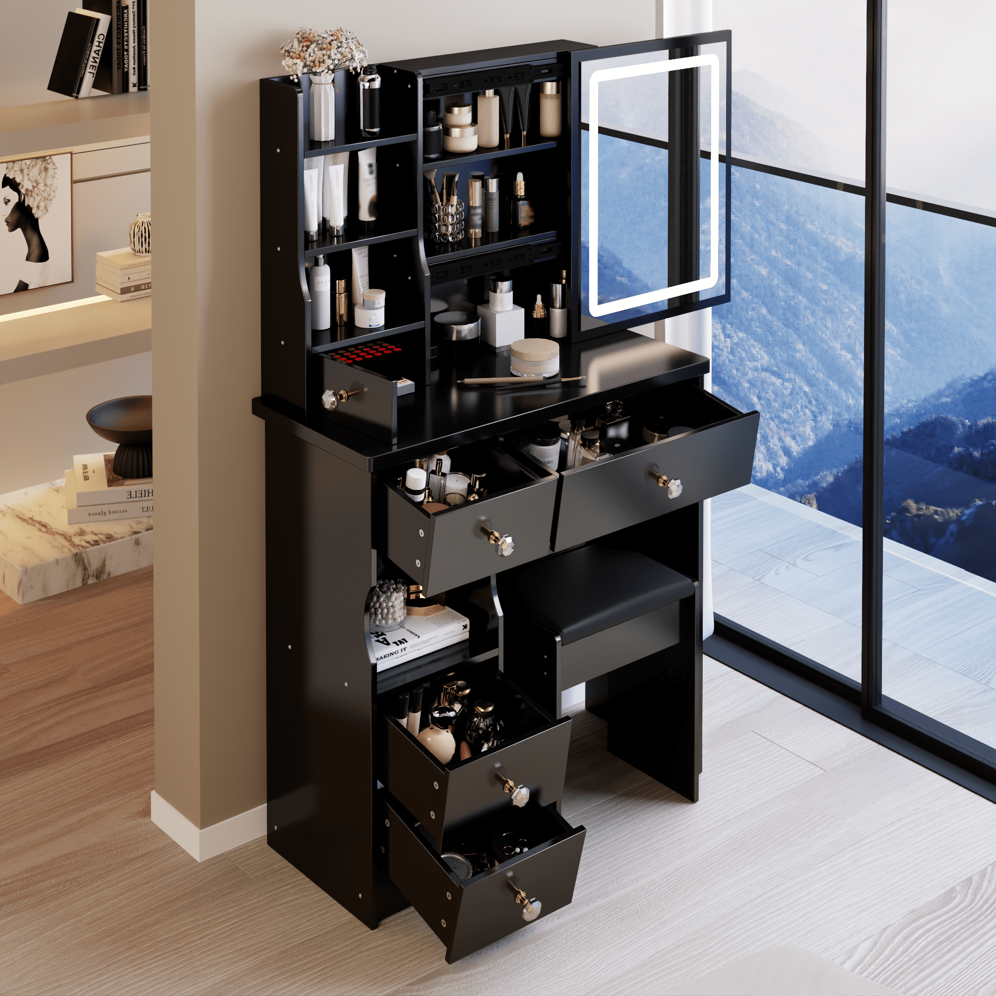 29.2" Small Size Left Drawer Desktop Vanity Table + Cushioned Stool, Large Sliding, Touch Control, Tri-color Switching, Brightness Adjust LED Mirror, High Capacity Storage, Suitable for Small Space
