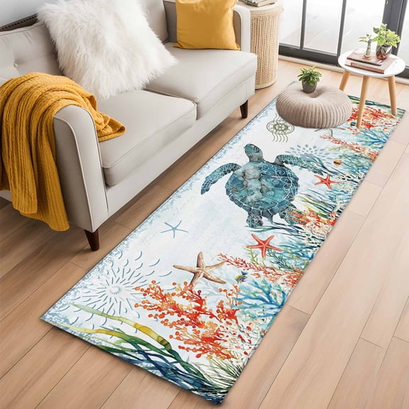 Hallway Runner Rug 2'x6', Coastal Turtle Long Non-slip Runner Rugs, Summer Beach Nautical Coral Starfish Washable Outdoor Indoor Throw Floor Carpet Mat for Living Room/Bedroom/Kitchen/Office/Laundry