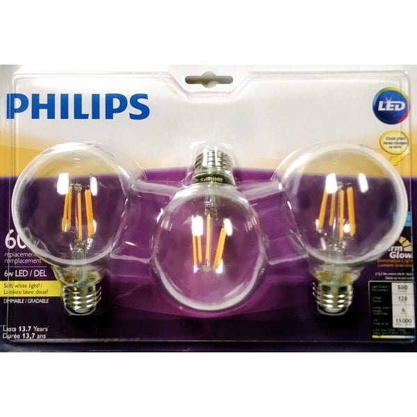 Philips 6 Watt Dimmable Globe G25 LED Filament Light Bulbs - Clear (3 Pack) Soft White to Warm Glow -