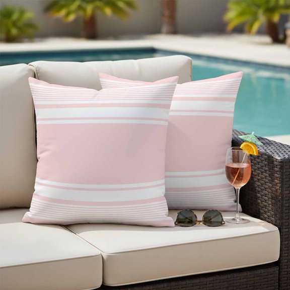 Farmhouse Pink Outdoor Pillow Covers 18x18 Inch Throw Pillow Covers Set of 2 Waterproof Decorative Pillow Cases Farmhouse Pink Line Striped Cushion Covers for Patio Furniture Garden Couch Sofa