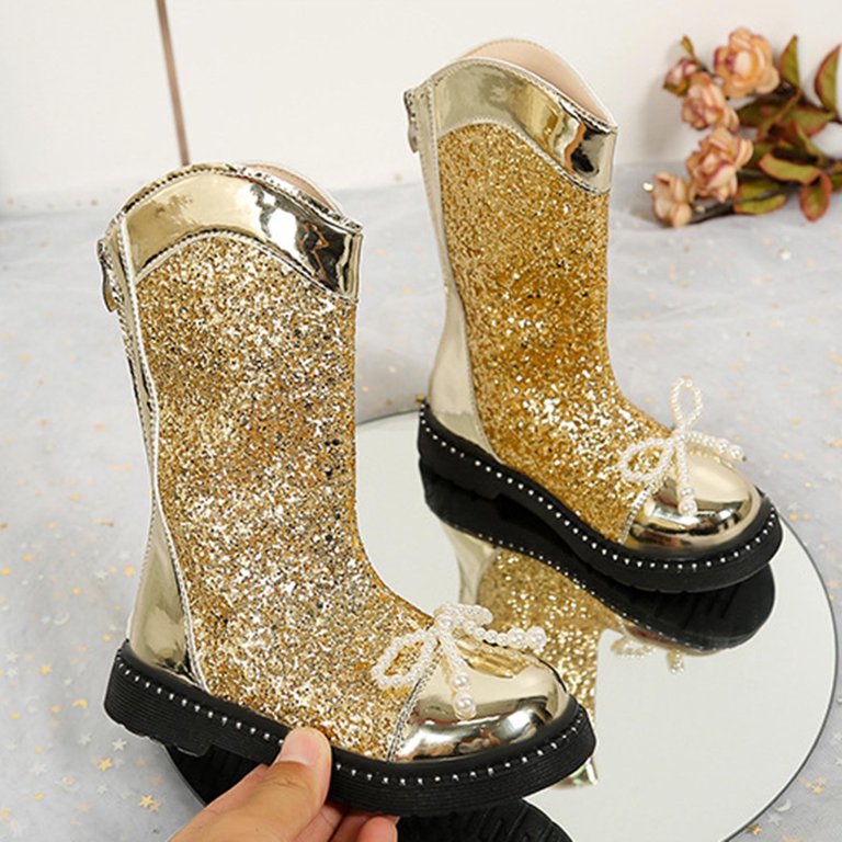 gold fancy dress boots Girls Sequins Glitter Boot, Bowknot Round Toe Knee High Boots Sequined  Cowgirl Cowboy Boot Wide Calf Long Booties Wedding Party Shoes Fancy Dress  Party Boots Sparkly Mid-Calf Booties