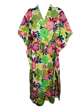 Mogul Womens Colorful Floral Caftan V-Neckline Cotton Printed Kimono Sleeves Cover Up Maxi Dress Kaftan One Size