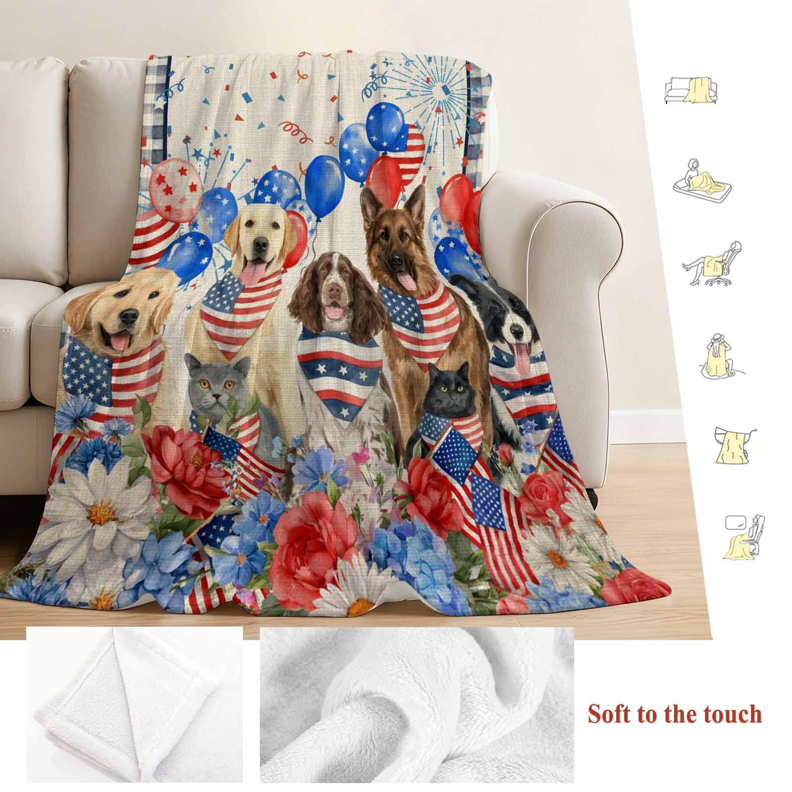 4th of July Dogs Blanket Soft Cozy Warm Throw Blanket for Couch, Plush Fuzzy Flannel Fleece Blankets for Sofa, Independence Day Floral Red Stars Beige Bed Blankets Lightweight Gifts for Men, 30"x40"