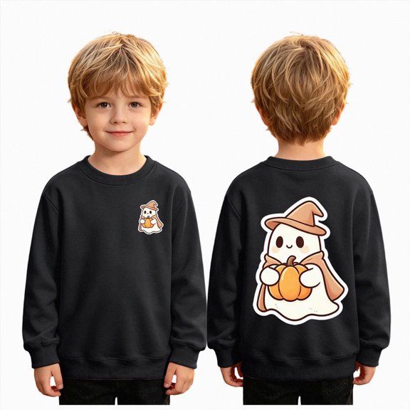 Kakishop Kids Halloween Sweatshirt Boys Girls Funny Ghost Witch Print Fleece Pullover Tops Long Sleeve Crewneck Sweater Trendy Clothes, 11-12 Years
