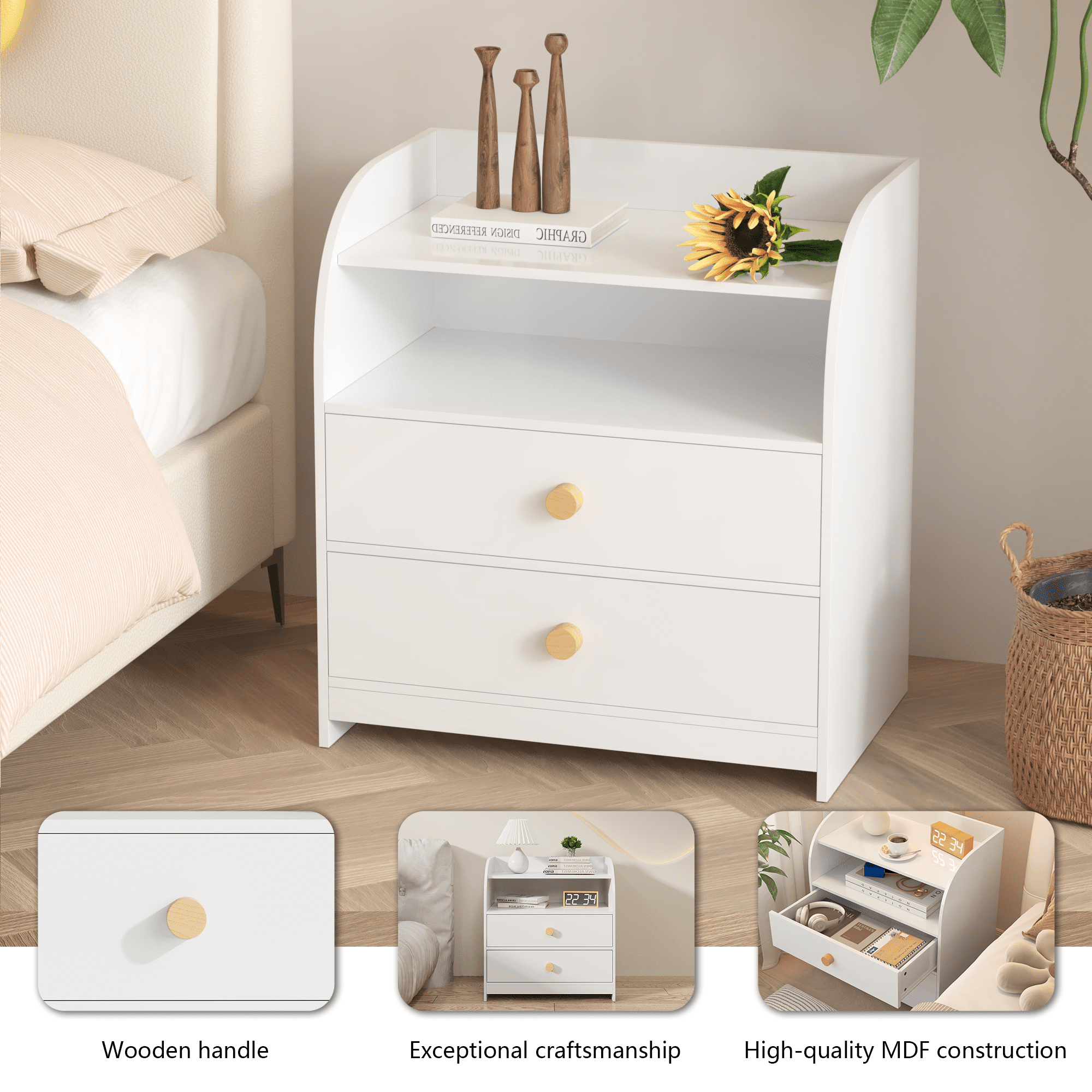 Leumius White Nightstand with 2 Drawers and Open Shelf,Curved Side Panel Wood Bedside Table for Bedroom/Living Room