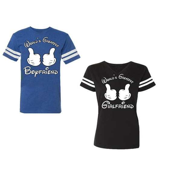 World Greatest Boy & Girlfriend Unisex Couple Matching Cotton Jersey style T-Shirt Contrasting stripes on sleeves (Men Royal / Women Black) (Men S / Women S)