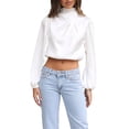 thumbnail image 1 of FOCUSNORM Hauts en Satin Printemps Automne pour Femmes Manches Longues Hauts Courts Col Montant pour Travail, Fête, 1 of 9