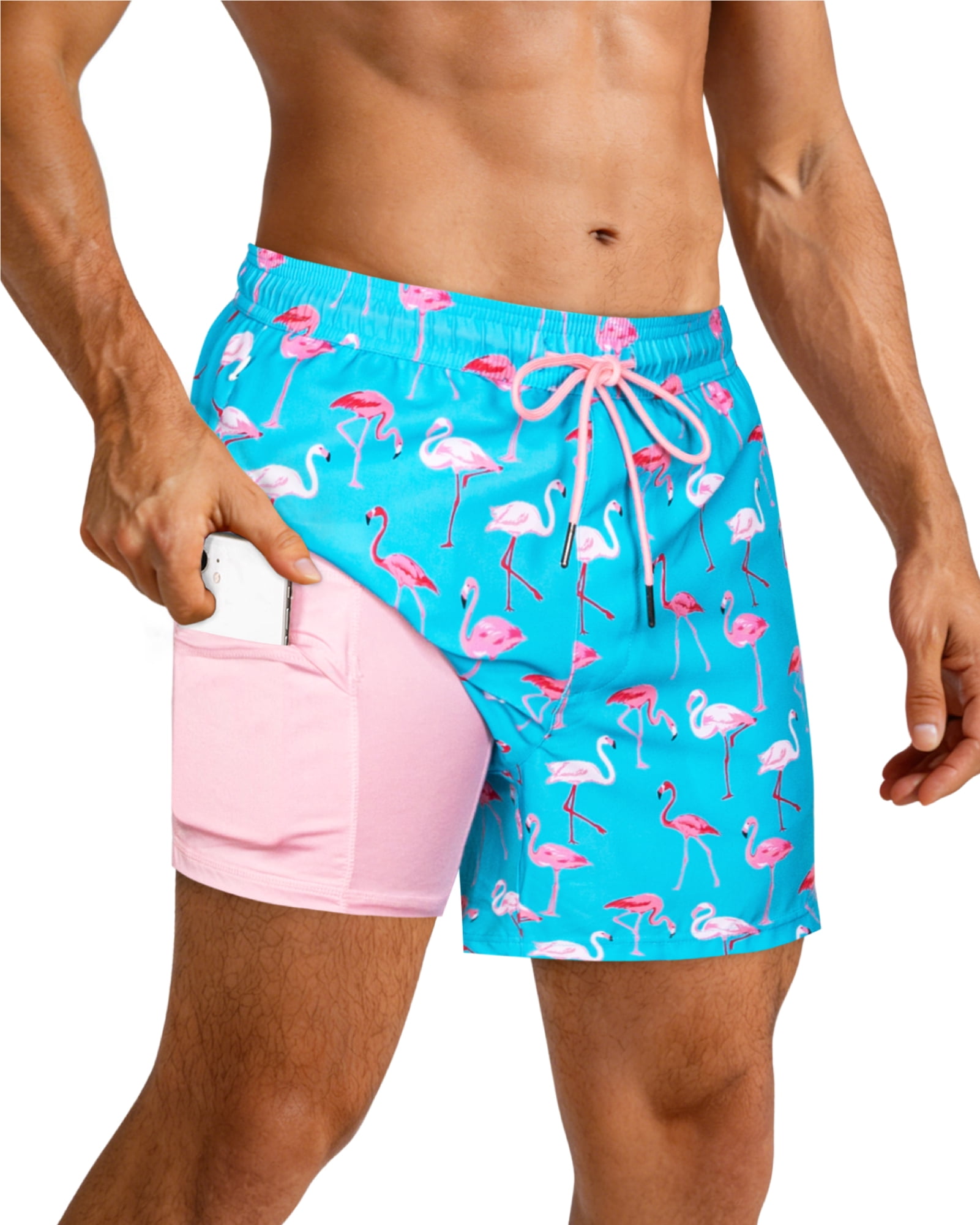 SURF CUZ Mens Swim Trunks with Compression Liner Mens Swimming Trunks 5 Inch Bathing Suit with Zipper Pockets Quick Dry Swim Shorts Blue Flamingo Medium