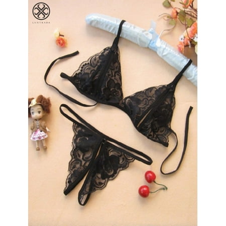 Luxtrada Womens Sexy Bridal Lingerie Lace Floral Babydoll Stretch Strappy Set with Cute Bowknot Mesh Thong