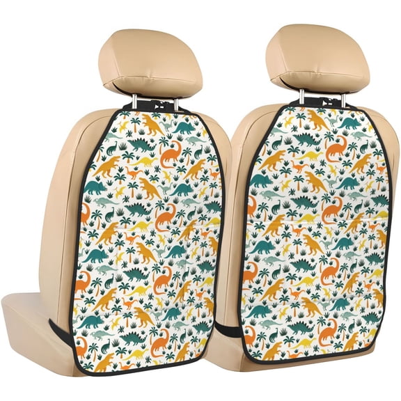 Xecao Dinosaurs and Tropical Leaves Pattern Car Seat Back Protector 2 Pack Large Capacity Pocket, Kick Mats Back Seat Protector