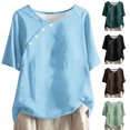 thumbnail image 6 of Lovskoo Linen Summer Tops for Women 2024 Round Neck Short Sleeve Solid Color Casual Button Top Olive Green, 6 of 6