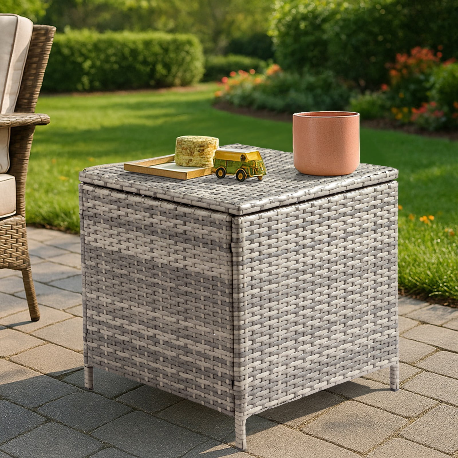 27-Gallon Outdoor PE Wicker Side Table with Storage, All-Weather, Dual-Function, Steel Frame, Grey