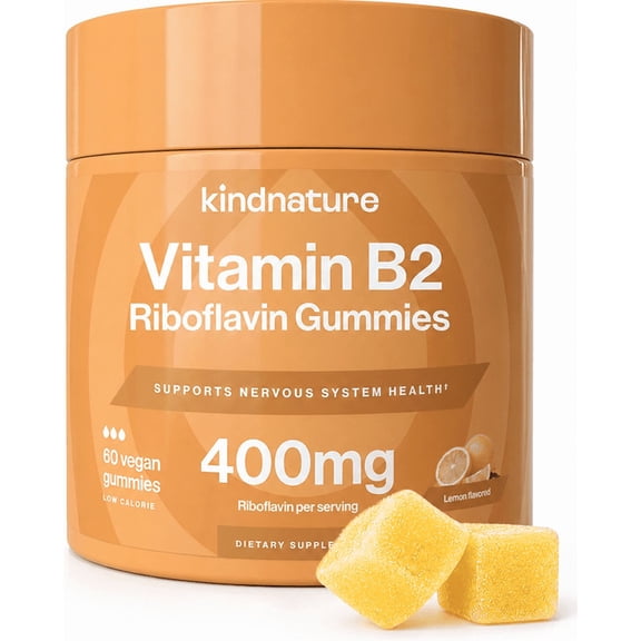 KINDNATURE Vitamin B2 Gummies – Riboflavin 400mg Supplement for Kids & Adults – Vegan, Non-GMO, Gluten & Soy-Free (30 Day Supply)