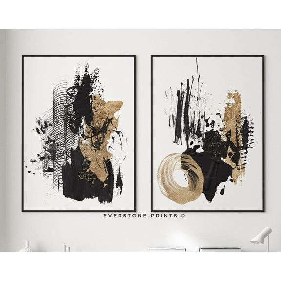 Luvia Abstract Black Gold Set Of 2 Abstract, Brush Stroke Art, , Modern Wall Decor Set 2 Prints 8x12 UNFRAMED