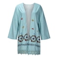 thumbnail image 4 of Moda mujer Casual encaje empalme dobladillo Retro estampado media manga suelta cárdigan Tops abrigo Pompotops qwe20726, 4 of 9