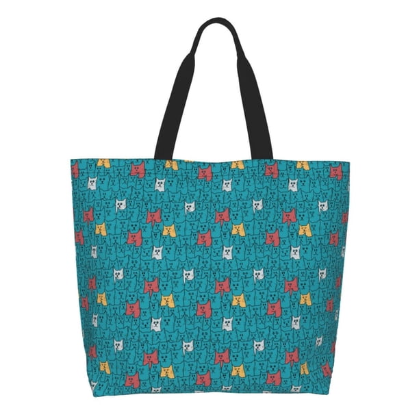 Fotbe Funny Cat Blue Bolsa Tote Estética de Lona con Estampado para Mujer - Bolsa Reutilizable de Hombro Casual para Vacaciones, Compras, Trabajo y Gimnasio
