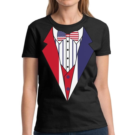 Tuxedo Shirts Women - 4th of July Funny Humor Novelty Graphic Tees - USA American Flag