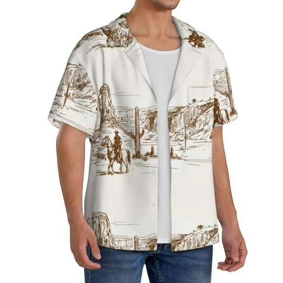 Picia Western Desert Cowboys Men's Linen Shirts Short Sleeve Cuban Beach Shirts Casual Shirts Button Down Shirt for Men Beach Summer Wedding Shirt-Small