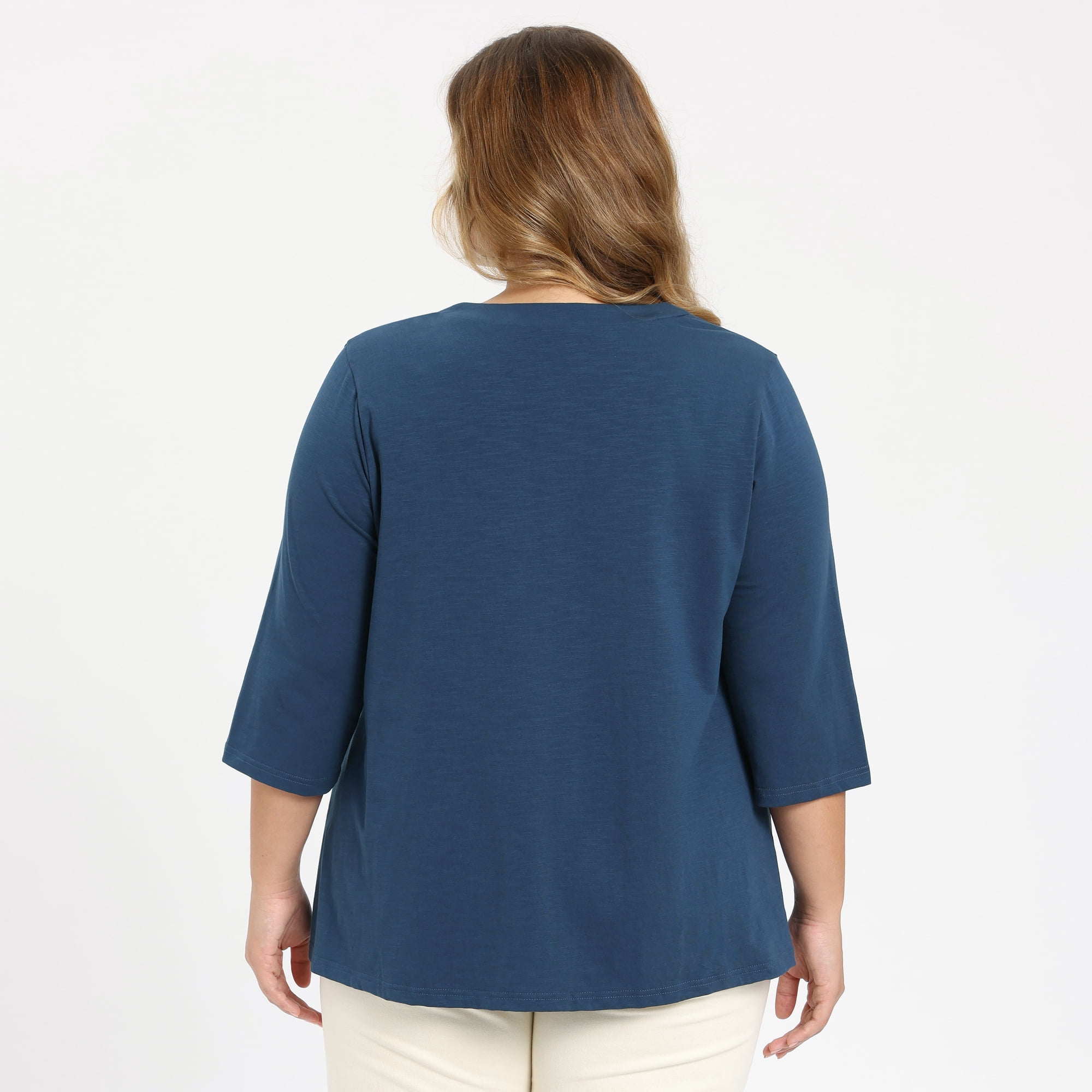 DARING DIVA Women's Plus Pleated Button Front Shirts 3/4 Sleeve Blouses 2X Dark Blue