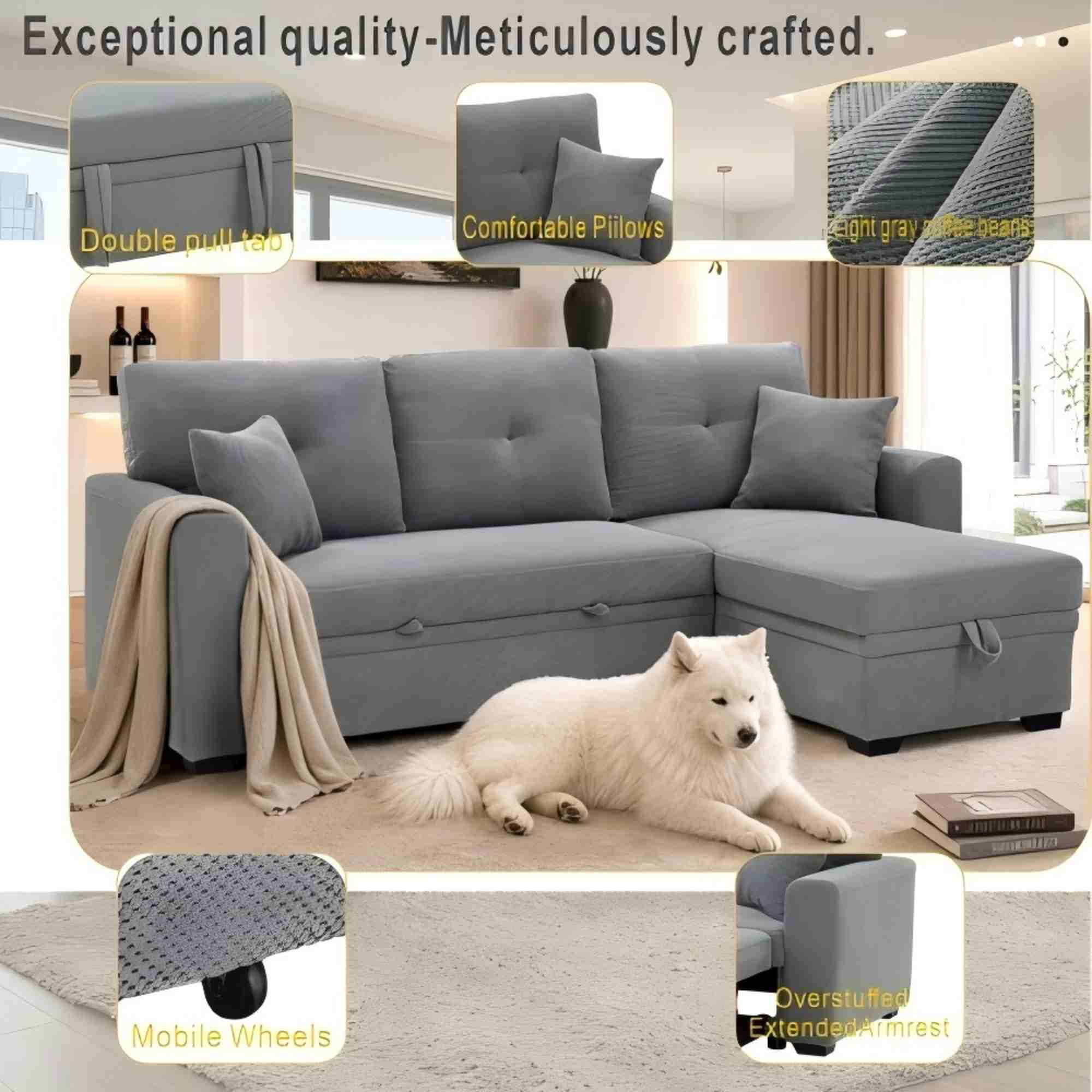 BSHTI 71"Foil Fabric L-Shaped Pull-Out Sleeper Sofa Bed with Reversible Chaise, Hidden Storage for Living Room（Light Gray）
