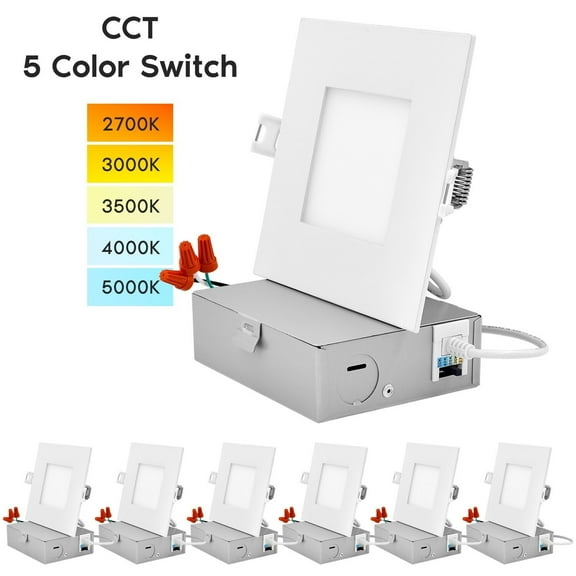 Luxrite 4" Square LED Recessed Lighting, Color Temperature Selectable 2700K / 3000K / 3500K / 4000K / 5000K, 6-Pack